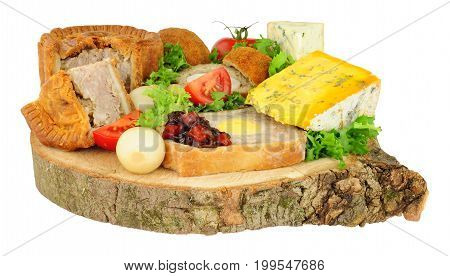 Traditional ploughman's buffet lunch ingredients isolated on a white background