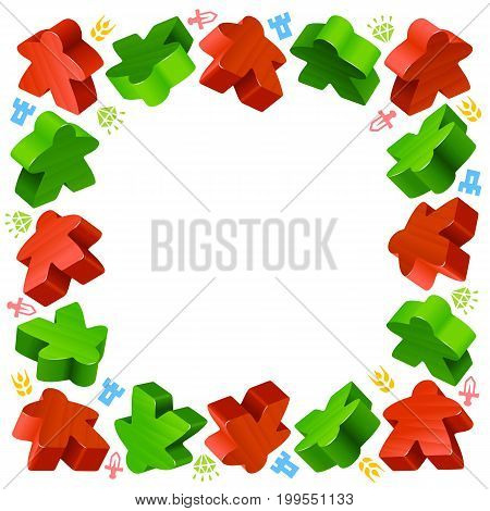 Square frame of meeples for board games. Red and green game pieces, and resources counter icons isolated on white background. Vector border for design boardgames advertisement or template of geek t-shirt print