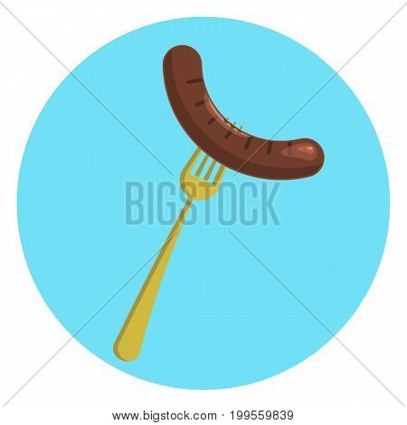Colorful flat tasty grilled sausage on a yellow gold fork symbol. Cute color traditional german oktoberfest beer holiday delicious sausage sign
