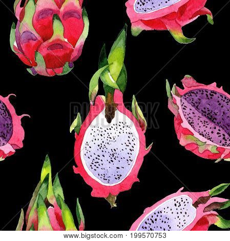 Exotic pitaya healthy food pattern in a watercolor style. Full name of the fruit: pitaya. Aquarelle wild frukt for background, texture, wrapper pattern or menu.