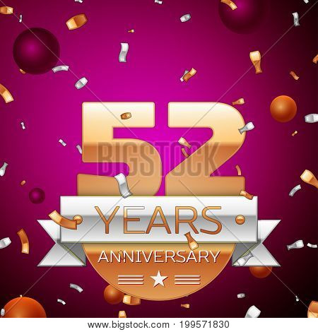 Realistic Fifty two Years Anniversary Celebration Design. Golden numbers and silver ribbon, confetti on purple background. Colorful Vector template elements for your birthday party