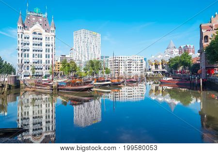 Rotterdam The Nederlands - July 18 2016: The Wijnhaven canal area with the Art Nouveau style White House palace
