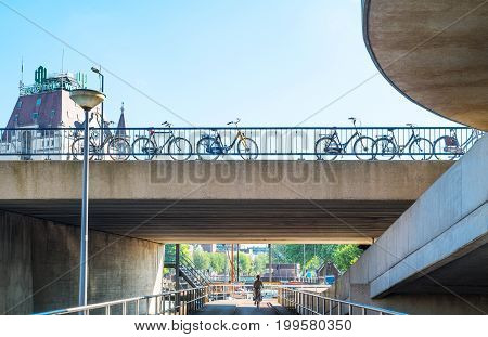 Rotterdam The Nederlands - July 18 2016: Bicycles on a bridge of the Wijnhaven canal area
