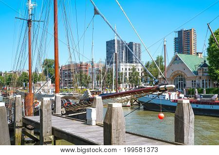 Rotterdam The Nederlands - July 18 2016: Old boats in the Veerhaven History Harbor