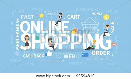 Online shopping concept illustration with words and people.