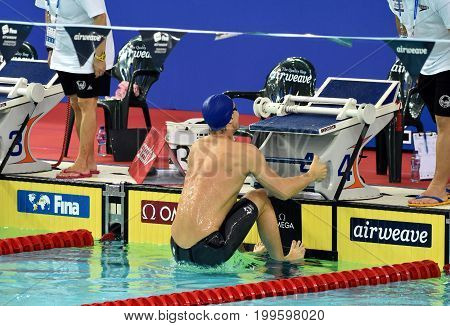 Hong Kong China - Oct 30 2016. Australian olympian world champion and record holder Mitch LARKIN (AUS) before the Men's Backstroke 50m Final. FINA Swimming World Cup Victoria Park Swimming Pool.