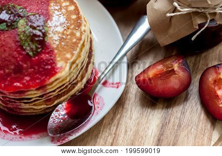 pancakes with plum jam delicious american breakfast