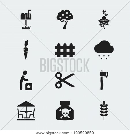 Set Of 12 Editable Agriculture Icons. Includes Symbols Such As Tomahawk, Rainy Cloud, Fruit Woods And More