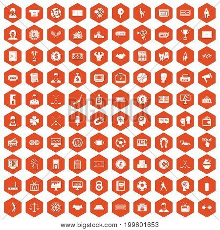 100 totalizator icons set in orange hexagon isolated vector illustration