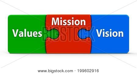 Color puzzle pieces with text values mission and vision isolated on a white background three-dimensional rendering 3D illustration