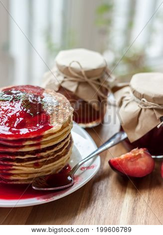 pancakes with plum jam delicious american breakfast