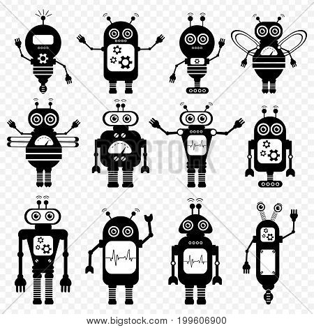Set of vector robots in cartoon style. Isolated vector robots in transparent background. Black and White Design.