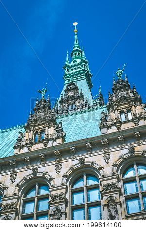 Close-up details of the vertical City Hall towers. Hamburg, Germany.