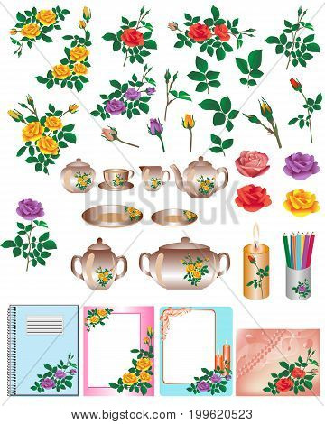 Collection of color images of roses. Vector illustration.
