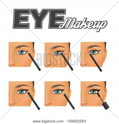 How to make perfect winged vintage retro eyeliner make-up tutorial chart. Eye pencil countour technique and mascara coverage, pretty woman face model.