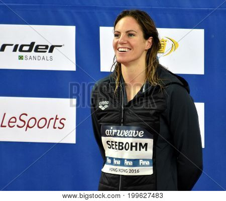 Hong Kong China - Oct 30 2016. SEEBOHM Emily (AUS) at the Victory Ceremony of the Women's Backstroke 100m. FINA Swimming World Cup.