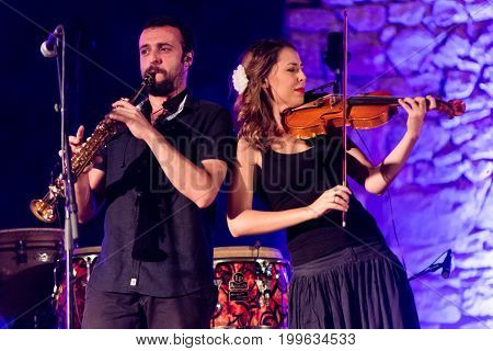 Casas de Reina Spain - august 13 2017: Spanish folk band Acetre in the regina theater