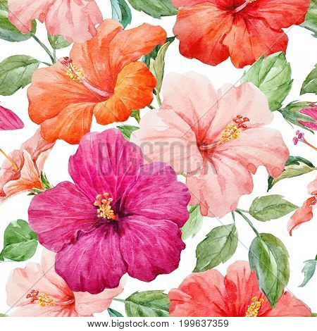 Seamless tropical pattern with watercolor hibiscus flowers
