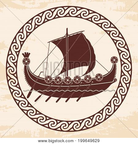 Viking ship with oars and shields on sea waves. Vector Image.