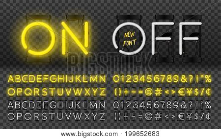 Big yellow neon set glowing alphabet vector Font. Glowing text effect. On and Off lamp. Neon Numbers and punctuation marks. isolated on transparent background.