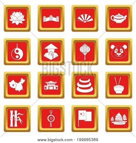 China travel symbols icons set in red color isolated vector illustration for web and any design