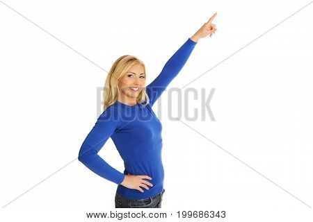 The portrait of young woman showing on side.