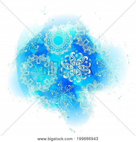 Vector watercolor splash texture. Hand-drawn blob spot. Winter Christmas and New Year xmas theme. Blue colors abstract background. Snowfall. Silhouettes of snowflakes. Winter seasonal texture.
