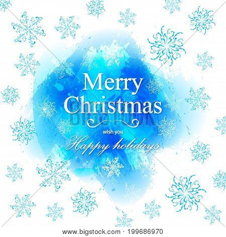 Vector watercolor splash texture. Hand-drawn blob spot. Winter Christmas and New Year xmas theme. Blue colors abstract background. Snowfall. Silhouettes of snowflakes. Winter seasonal texture.