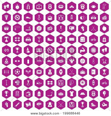 100 boxing icons set in violet hexagon isolated vector illustration