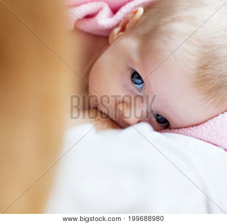 Mother with newborn at home. Brestfeeding. 