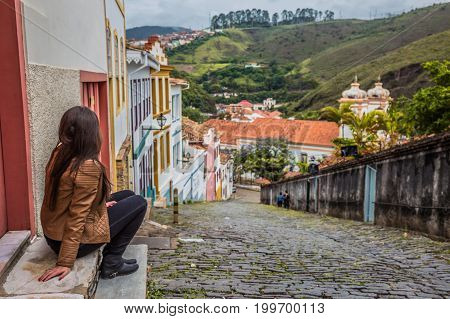Girl at the famous historical town Ouro Preto Minas Gerais Brazil