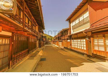 Country road at Narai is a small town and the old town in soft focus provided a pleasant walk through about a kilometre of well preserved buildings in Nagano Prefecture Japan.