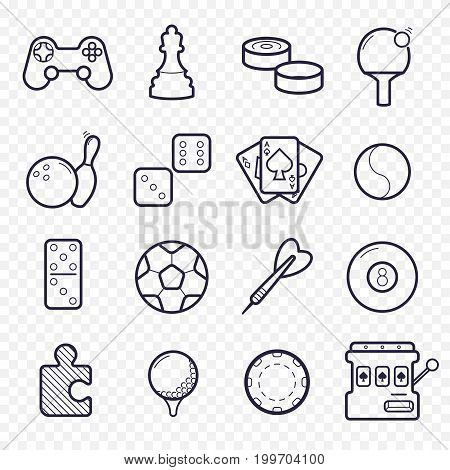 Games, videogames linear icons. Ping-pong, chess, golf, billiards, darts, gambling, and other leisure activities. Logic, gambling, sports thin line icons.
