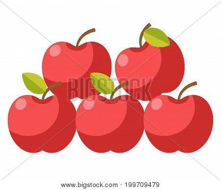 Ripe organic apples with stems and leaves placed one on another in neat heap isolated cartoon vector illustration on white background. Sweet juicy healthy fruit collected from trees at farm.