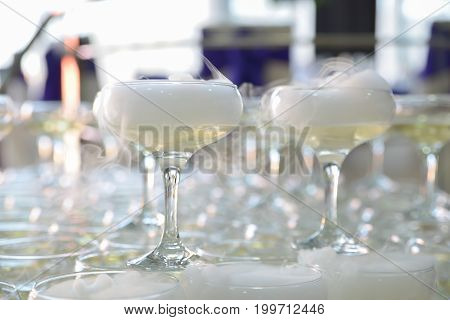 Restaurant champagne glasses arrangements for wedding reception