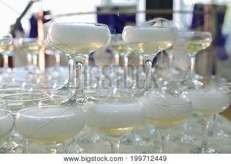 Restaurant champagne glasses arrangements for wedding reception