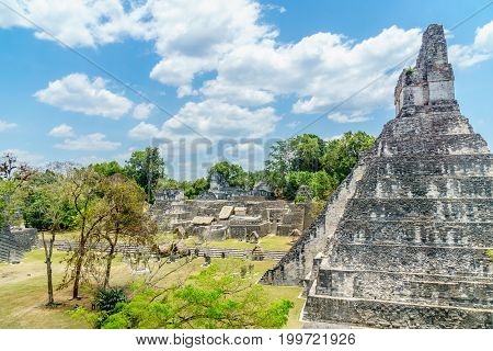 view over Maya pyramids and temples in national park Tikal in Guatemala
