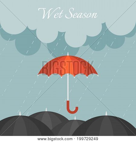 red umbrella in rainy day with black umbrella and cloudy sky, flat design vector