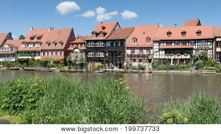 Historical buildings close to the river Regnitz in Bamberg, Bavaria, Germany, Europe