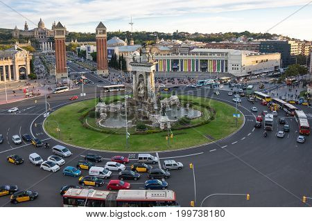 BARCELONA SPAIN - OCTOBER 23 2015: Placa d'Espanya also known as Plaza de Espana in Spanish is one of Barcelona's most important squares built on the occasion of the 1929 International Exhibition Spain