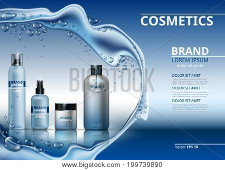 Vector Realistic Cosmetics set collection packages. Bottles for beauty products with logo label design. Hydrating Skin care spray and cream. Mock up 3D. Sparkling water drops background