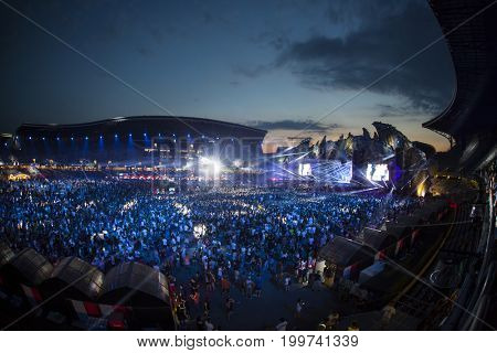 Cluj-Napoca, Romania - August 3, 2017:   Crowd having fun at a MO, a Danish singer and songwriter,  live concert at Untold Festival, one of the major music festival of Europe