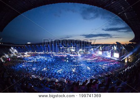 Cluj-Napoca, Romania - August 3, 2017:   Crowd having fun at a MO, a Danish singer and songwriter,  live concert at Untold Festival, one of the major music festival of Europe