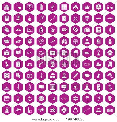 100 crime investigation icons set in violet hexagon isolated vector illustration