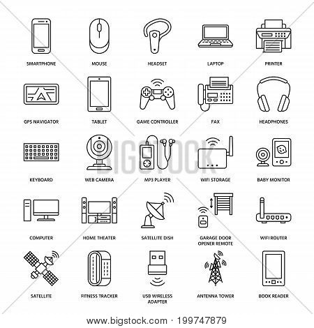 Wireless devices flat line icons. Wifi internet connection technology signs. Router, computer, smartphone, tablet, laptop, printer, satellite. Vector linear illustration linear for electronic store.
