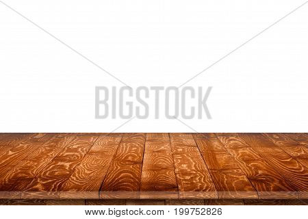 Empty wooden table for product placement or montage with focus to table top in the foreground, with white background. Wooden board empty table perspective.