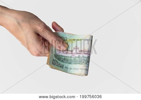 Woman Holding  Bhutanese Ngultrum Notes In Her Hand