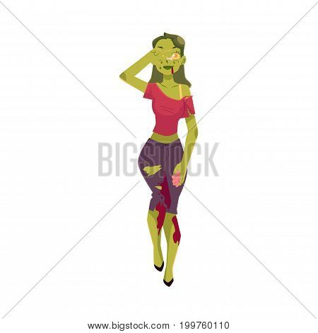 Girl, woman dressed as zombie monster, Halloween party costume, cartoon vector illustration isolated on white background. Woman, girl dressed as sppoky zombie, green paint, Halloween party costume