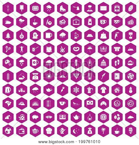 100 coffee cup icons set in violet hexagon isolated vector illustration