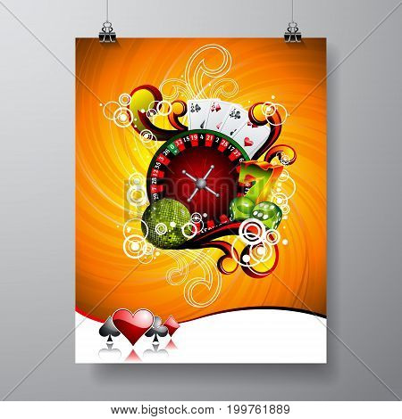 Vector Party Flyer design on a Casino theme with roulette wheel on grunge background. Eps 10 illustration.